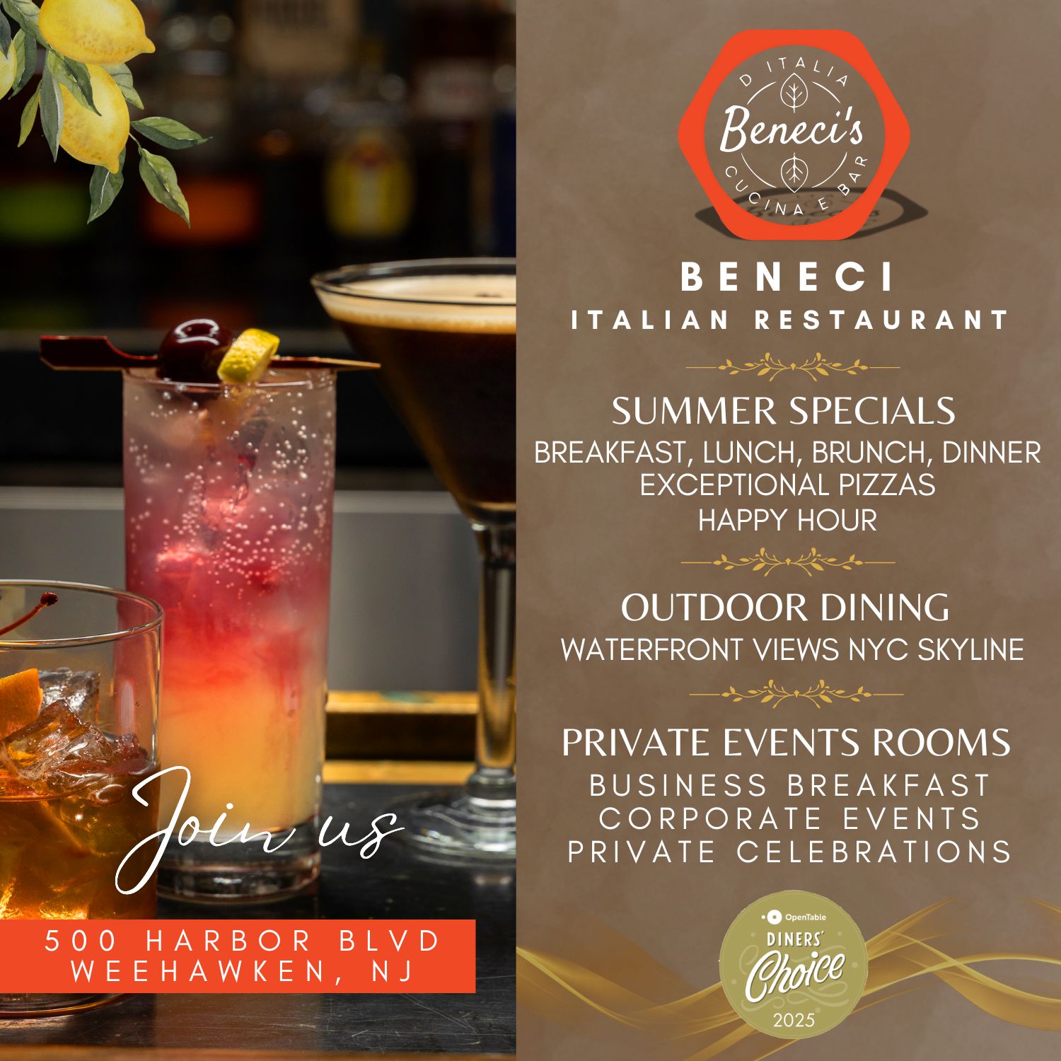 SUMMER SPECIALS. BREAKFAST, LUNCH, BRUNCH, DINNER. EXCEPTIONAL PIZZAS. HAPPY HOUR. OUTDOOR DINING. WATERFRONT VIEWS NYC SKYLINE. 500 HARBOR BLVD WEEHAWKEN, NJ. PRIVATE EVENTS ROOMS. BUSINESS BREAKFAST. CORPORATE EVENTS. PRIVATE CELEBRATIONS