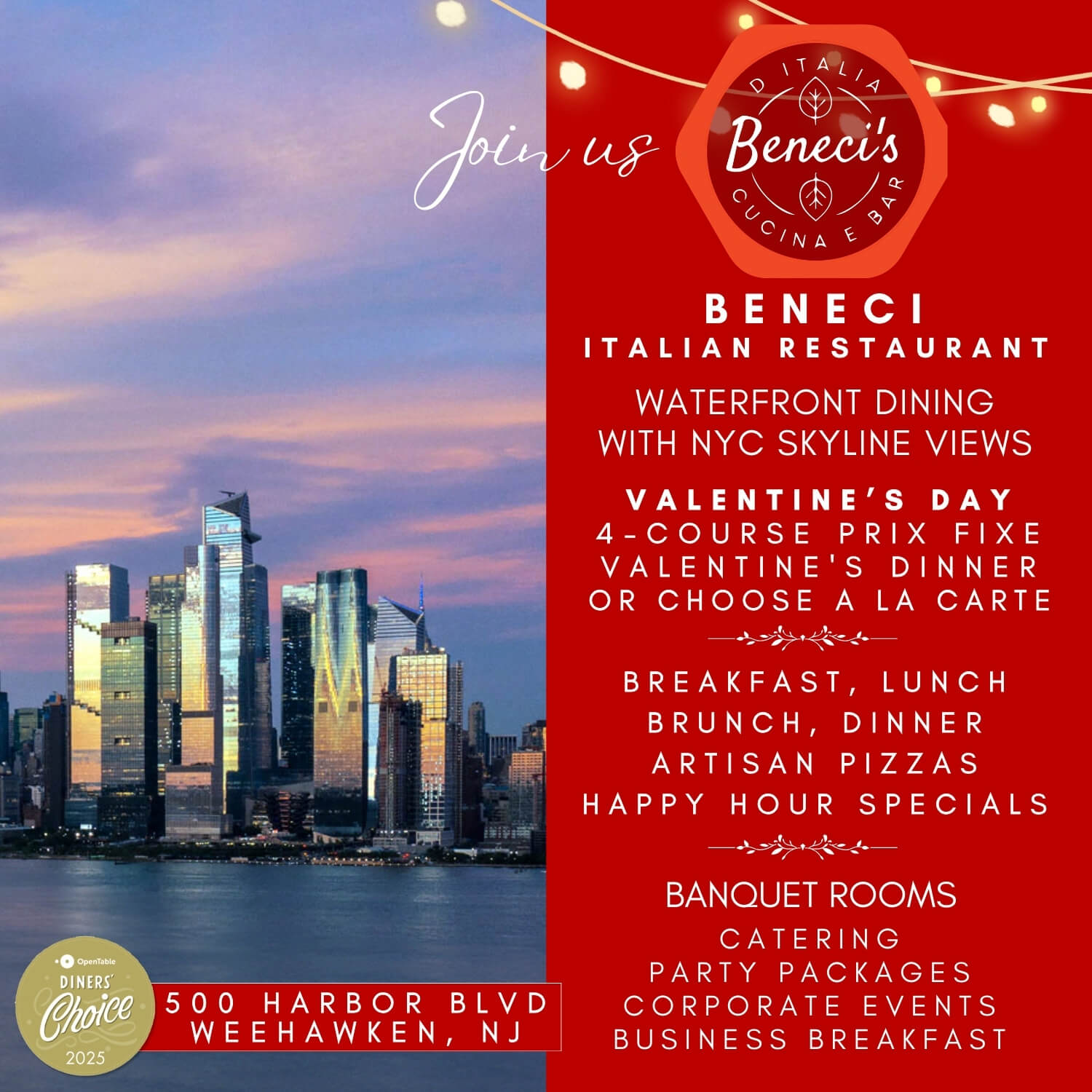 Beneci's Italian Restaurant Valentine’s Day dining with NYC skyline waterfront view, offering breakfast, lunch, brunch, dinner, artisan pizzas, and banquet services at 500 Harbor Blvd, Weehawken, NJ.